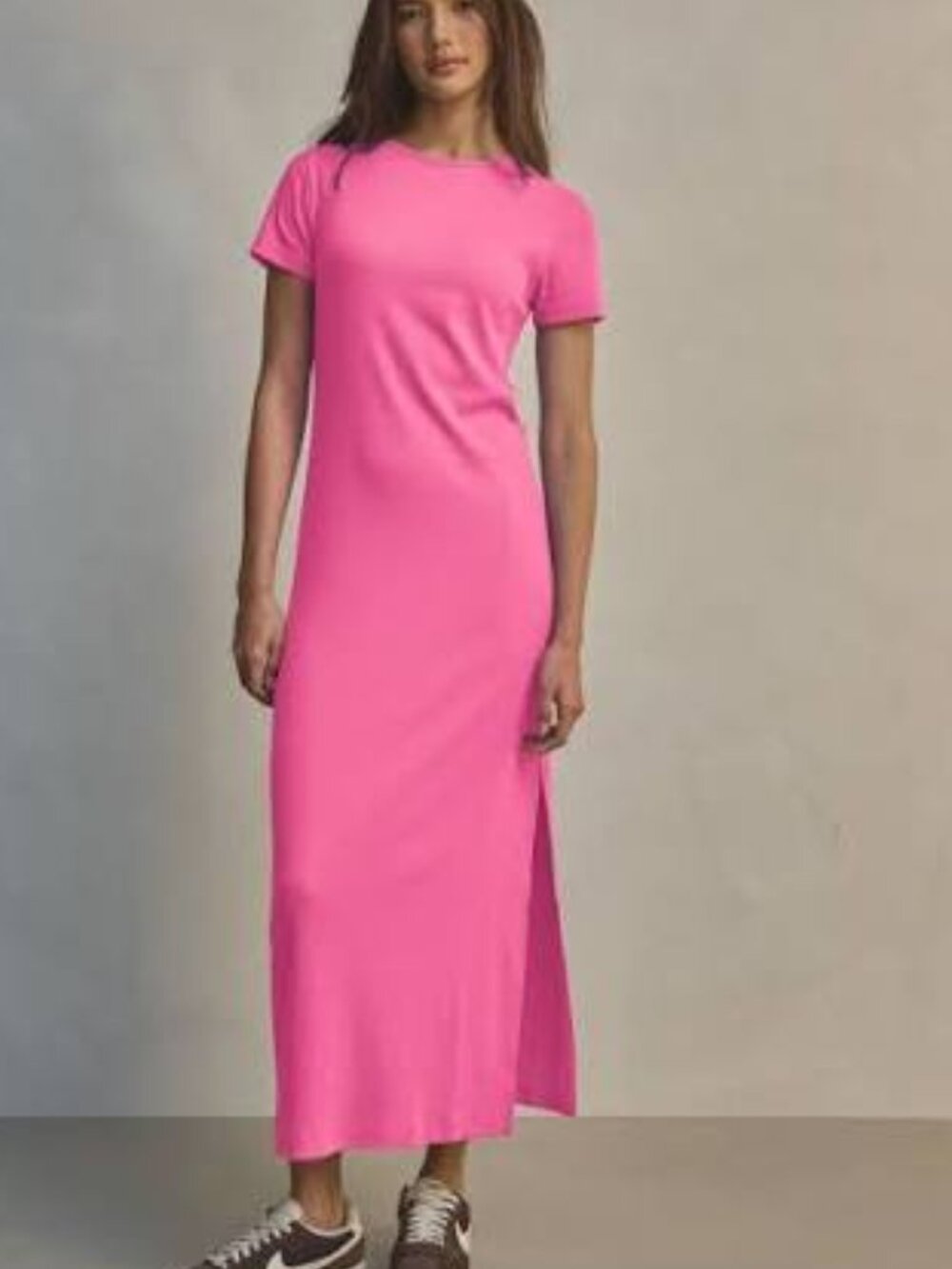 Made By Dint Pink Ribbed T-Shirt Maxi Dress Free Size